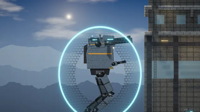 The 12 metre mech behind its shield